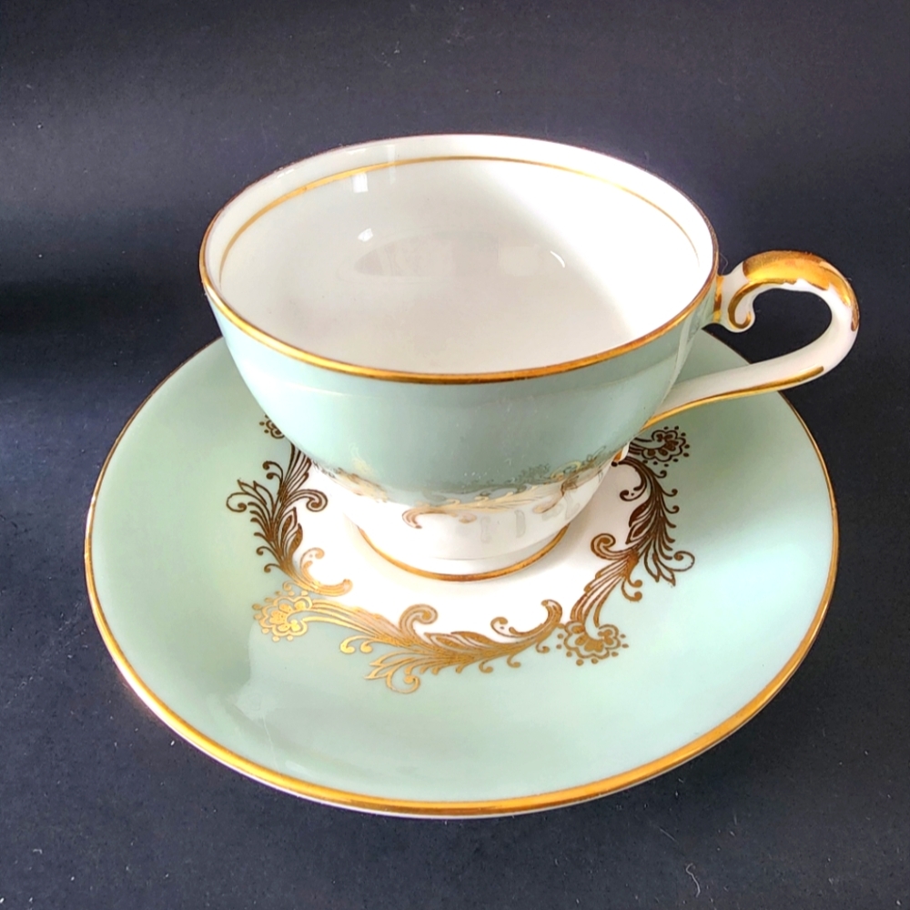 Vintage Aynsley Tea Cup and Saucer Set - Sage Green/Gold Gilt - Corset